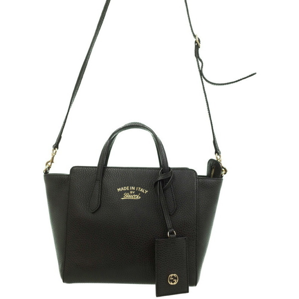 Gucci Swing Top Handle 2way Tote Shoulder Bag pebbled leather Black